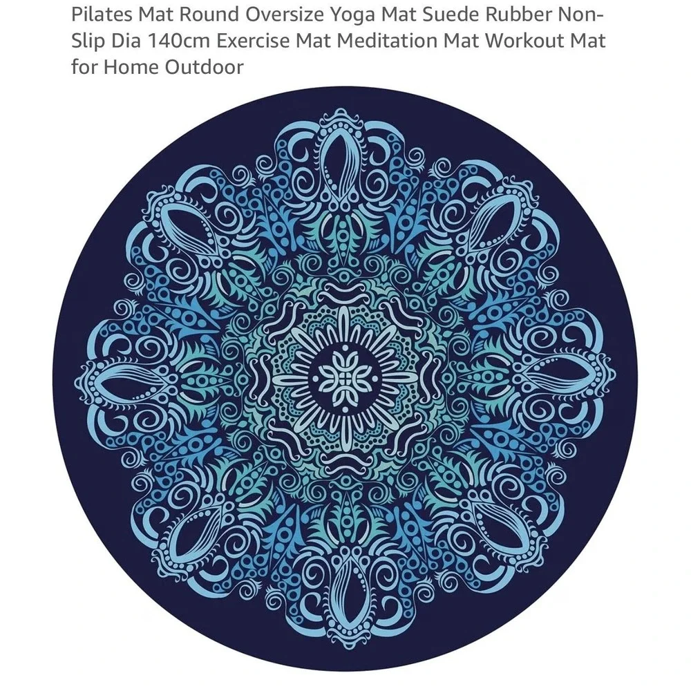 Round Oversize Yoga Mat 55in Blue Mandala Suede Rubber Non-Slip Pilates Zen